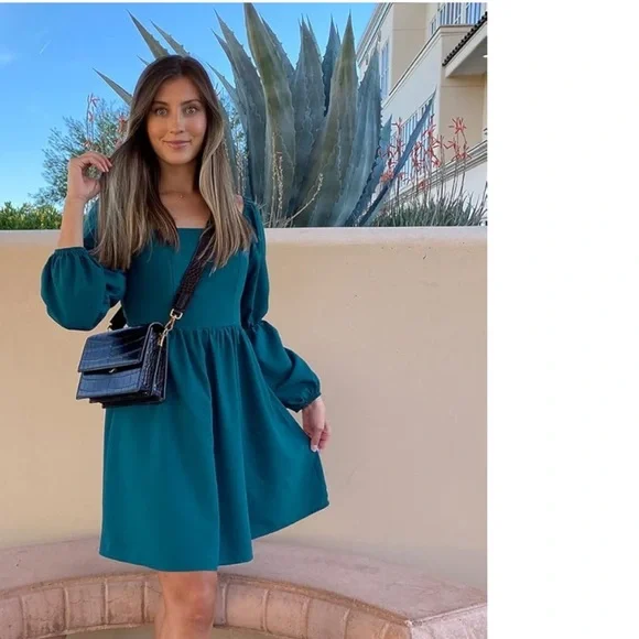 Women's Fall Long Puff Sleeve Babydoll Dress Casual Square Neck Elastic Waist XL - Picture 4 of 4